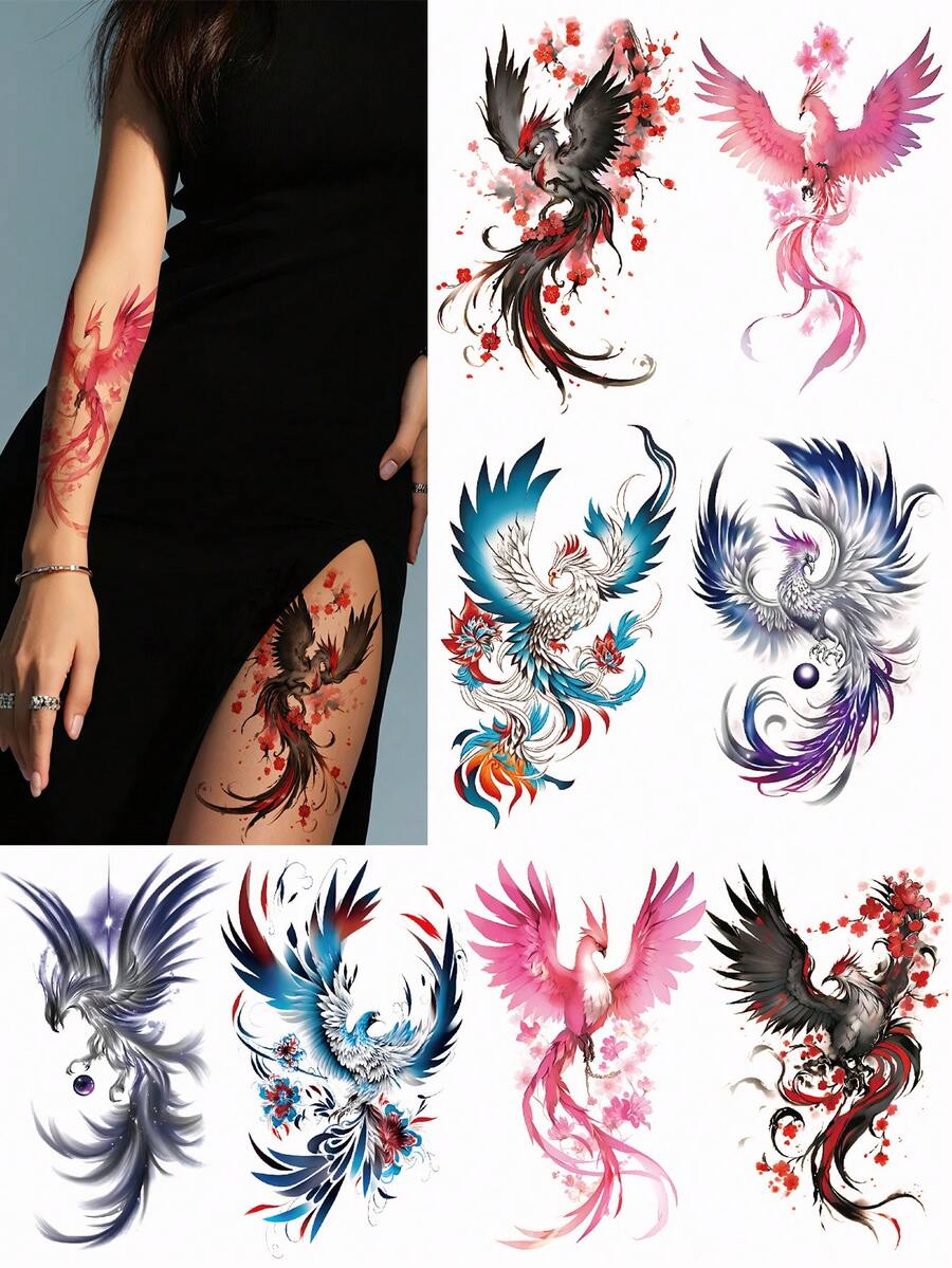 8张彩色凤凰手臂临时纹身贴纸，男女通用，大尺寸半臂纹身贴纸，防水防汗