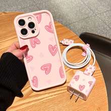 Heart Line Print Anti-Drop Phone Case With Charging Set, Compatible With IPhone 16 Pro Max, 14/13, 16 12, 11 Pro Max, XS Max, X, XR, 8, 7, 14 Plus, Suitable As Birthday Gift For Girlfriend, Boyfriend Or Self-Use - Pink - View 4