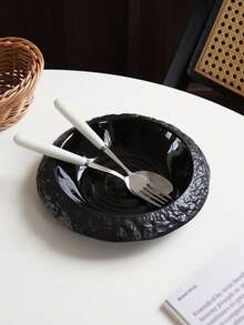 CMYD Studio 1pc岩石纹理陶瓷沙拉盘深盘创意酒店餐厅餐具高档白色盘子汤盘黑色岩石纹餐盘适用于酒店餐厅创意餐具礼品家用早餐沙拉盘