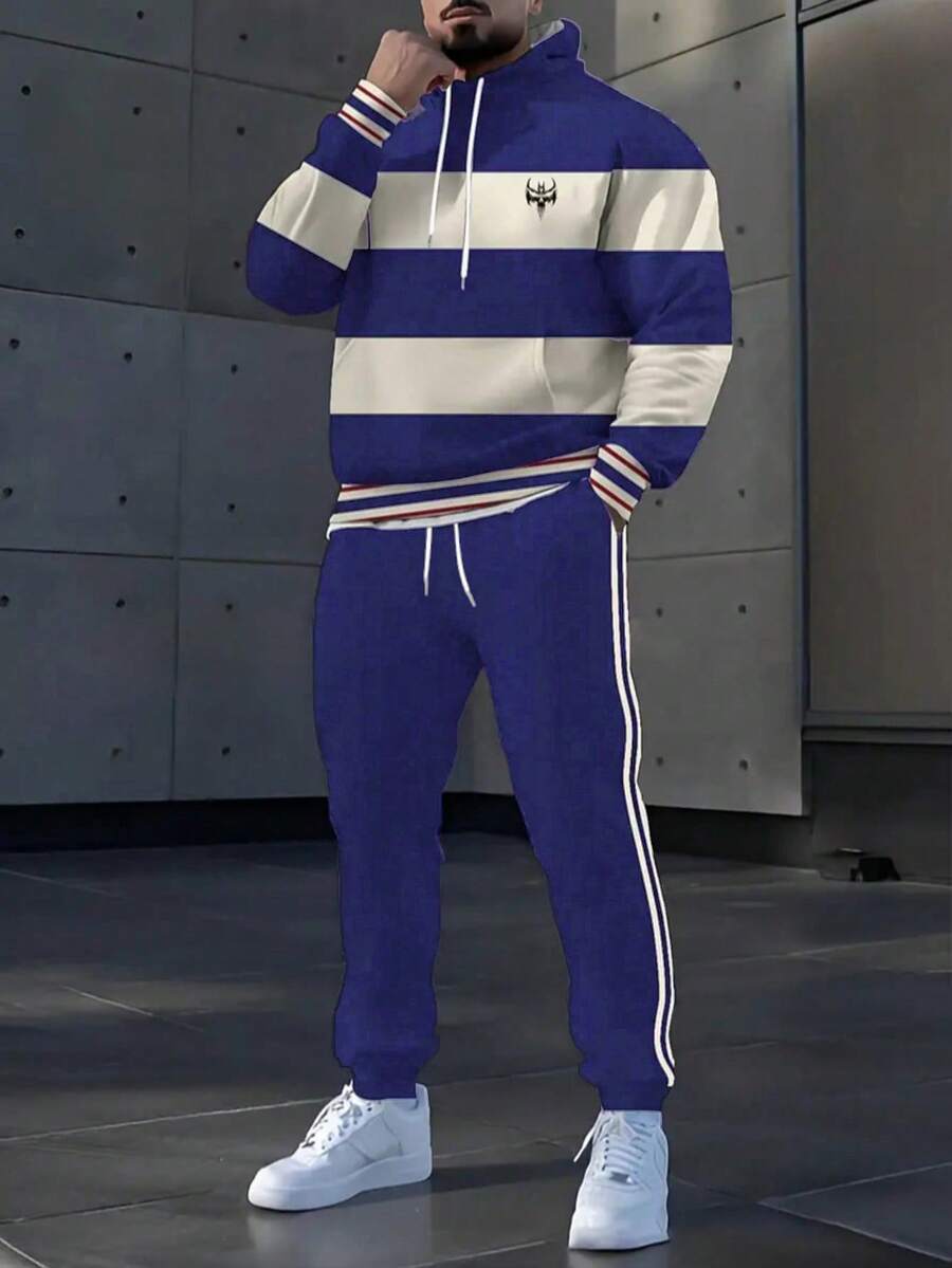 Men's Casual Digital Print Hoodie & Sweatpants Set - Polyester, Machine Washable, Perfect For Spring/Fall Outings, Cozy Outfits - Multicolor - View 1