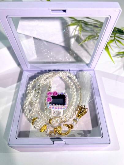 Elegant Beaded Counter Set: Flower Rhinestone Ring Counter + Prayer Bead Bracelet, Tasbih Counter Bracelet, Step Counter, Floating Box Packaging, Suitable For Holiday Gatherings And Gifts