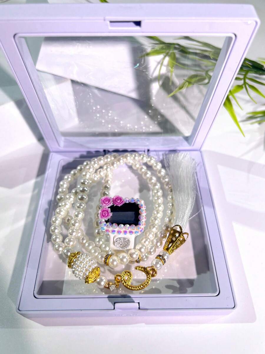 Elegant Beaded Counter Set: Flower Rhinestone Ring Counter + Prayer Bead Bracelet, Tasbih Counter Bracelet, Step Counter, Floating Box Packaging, Suitable For Holiday Gatherings And Gifts