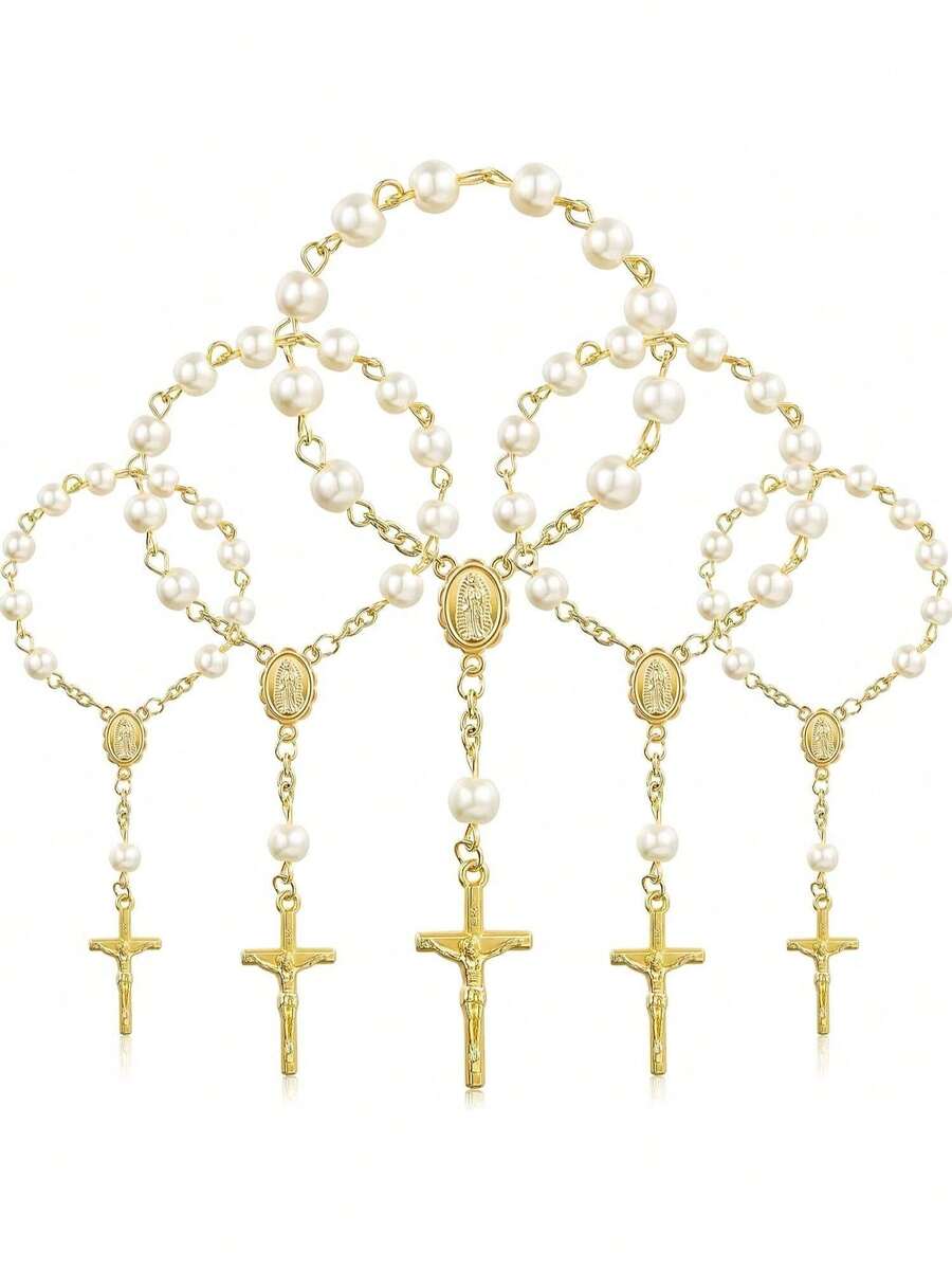 30 Pieces Baptism Rosary Acrylic Rosary Beads Ivory Color Mini Finger Rosaries Gold Plated Faux Pearls For Baptism Christening Communion Weddings Party Favors - 彩色 - 查看 1