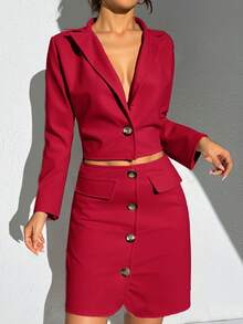 Conjunto falda saco corto mujer elegante formal botones delanteros manga larga bolsillos falsos unitalla 28-32 - Rojo - Ver 1