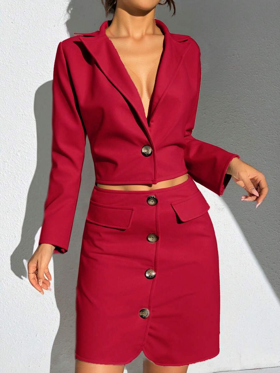 Conjunto falda saco corto mujer elegante formal botones delanteros manga larga bolsillos falsos unitalla 28-32 - Rojo - Ver 1