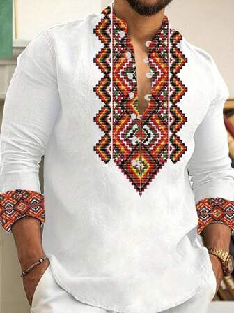 1 pezzo Camicia casual a maniche lunghe da uomo con nuova stampa geometrica, idea regalo, autunno