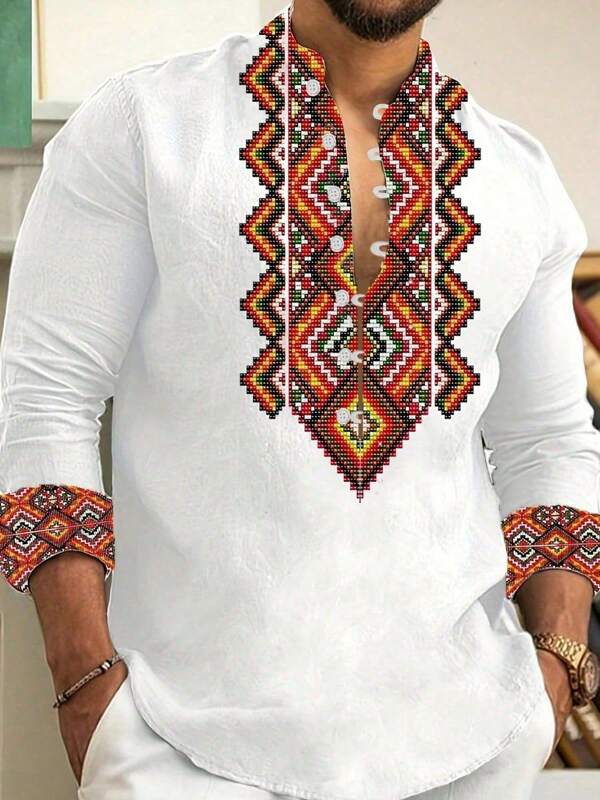 1 pièce Nouvelle chemise décontractée à manches longues avec boutons et imprimé géométrique à la mode pour hommes, idée de cadeau, automne