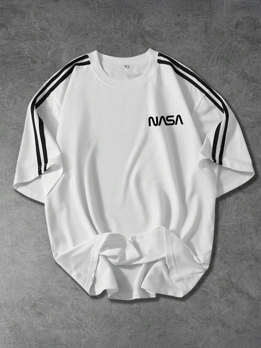 Men's Sports & Basketball Style Casual Black Ribbon Short Sleeve T-Shirt With English Text & Minimalist Letter Print, Suitable For School, Daily Wear, Street Style, Boyfriend Gift