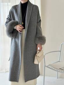 女士经典披肩领系腰长款双面羊毛大衣，秋冬季休闲加长外套 - 灰色 - 查看 4