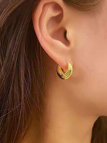 1 Đôi bông tai tròn hình học tối giản thanh lịch, thiết kế tinh tế dành cho nữ, thích hợp cho việc đi lại hàng ngày - Vàng - Xem 3