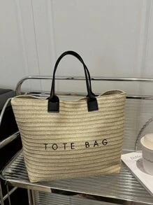 大容量休闲度假草编手提包，简约优雅女士单肩手提包 - 黑色 - 查看 10