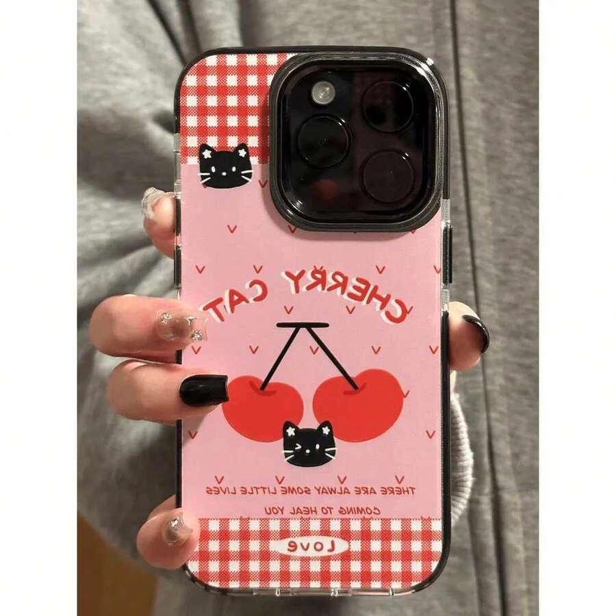 Funda suave compatible con Apple 16 Pro Max, 15 pulgadas, Apple 14, anti caída para iPhone 13/12/11, con diseño de anillo de concha de cereza en cuadrícula