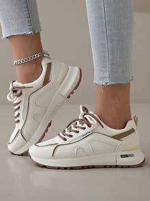 Novos Tênis Casuais Femininos, Malha Respirável Bege, Design com Cadarço, Adequado para Todas as Estações