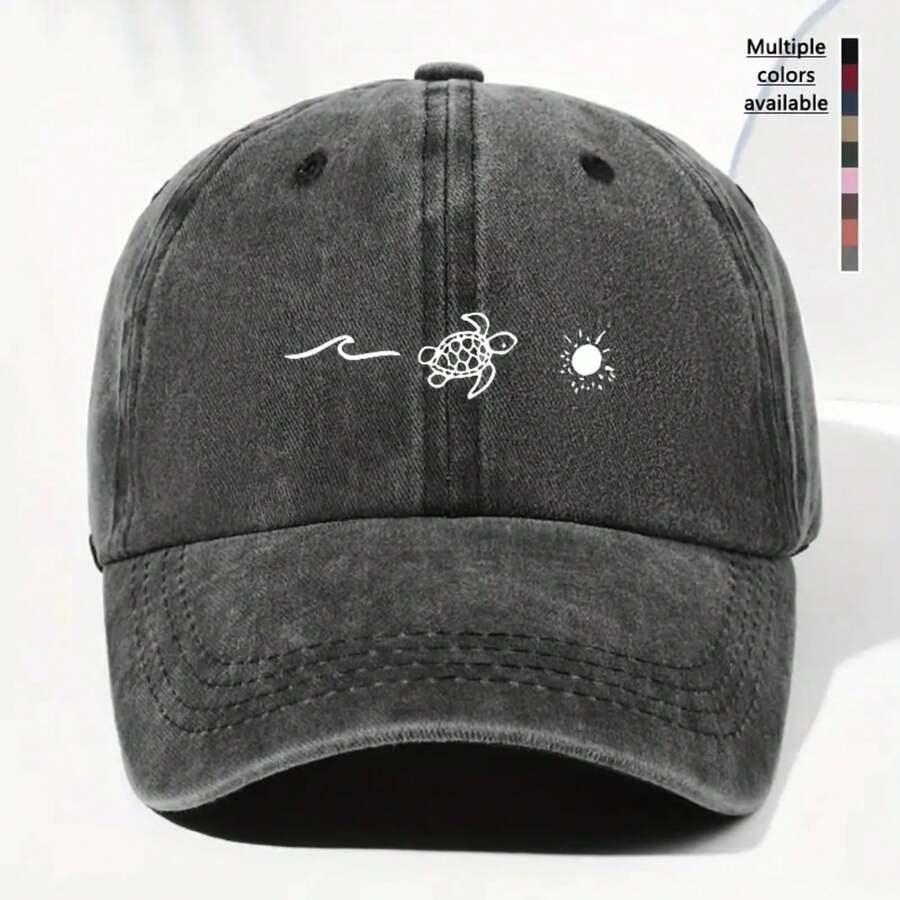 Unisex Retro Washed Baseball Cap With Turtle And Wave Pattern - Adjustable Lightweight Trucker Hat Suitable For All Seasons Outdoor Leisure Sun Hat Fabric Construction - 海軍藍 - 查看 1