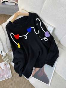 Plus Size Round-Neck Long-Sleeved Patterned Simple And Casual Pullover Sweater With Details [Back-To-School Season]