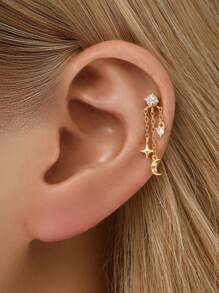 1piece 925 Sterling Silver Stars Moon Tassels Piercings Earrings Chain Charm Flat Back Cartilage Helix Piercing Fine Jewelry For Daily Wear Wedding Party Engagement Anniversary Valentine's Day(Sold As 1 Piece) - Star and Moon Tassel Pendant Accessories - View 8