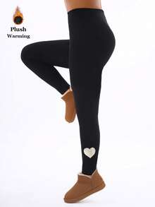 Women's Thermal Lined Black Leggings, Fashionable & Casual, With Heart Reflective & Fluorescent Print, Elegant Stretchy Skinny Pants For Home, Workout, Yoga, Fitness, Outdoor, Casual Wear, Gifts