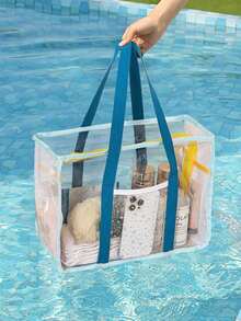 1 pieza Bolso de playa grande y transparente de estilo minimalista, bolso de playa de malla colorido, bolso de tote grande y transparente de PVC, bolso de playa plegable para mujer - transparente - Ver 4