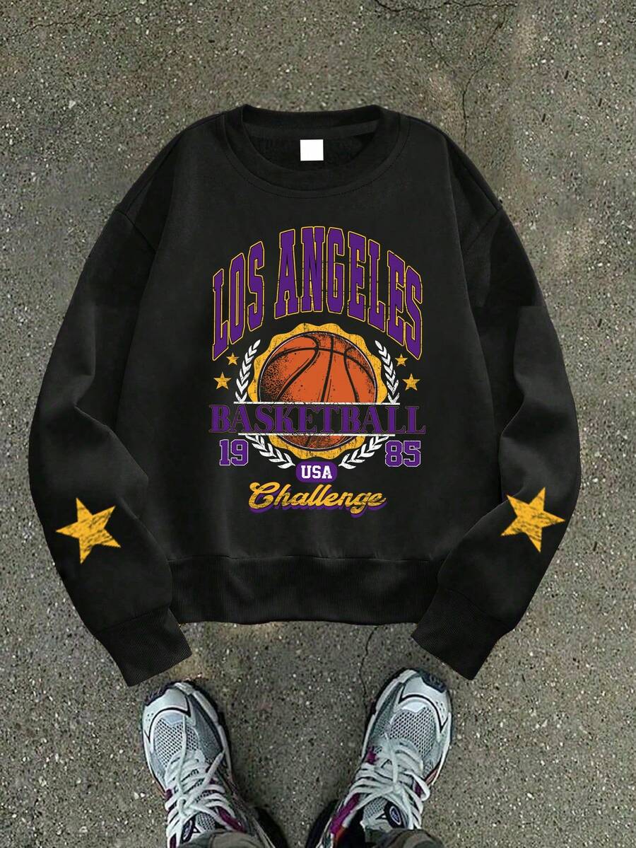 1pc Retro Basketball Graphic Crew Neck Sweatshirt, Soft & Comfortable, Suitable For Casual Wear In Spring And Autumn - Black - View 1