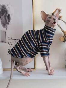 条纹高领罗纹薄款透气无毛猫衣服，斯芬克斯猫和德文卷毛猫宠物猫服装 - 藍色 - 查看 12