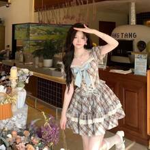 1pc Summer Sweet Cute Lady Style Puff Sleeve Lace Ribbon Multi-Color Plaid Floral Print Waist Tie Slim Fit Princess Dress, Suitable For Photoshoot, Casual Wear ,Halloween Costume, Party Dress - Multicolor - View 1