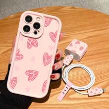 Heart Line Print Anti-Drop Phone Case With Charging Set, Compatible With IPhone 16 Pro Max, 14/13, 16 12, 11 Pro Max, XS Max, X, XR, 8, 7, 14 Plus, Suitable As Birthday Gift For Girlfriend, Boyfriend Or Self-Use - Pink - View 2