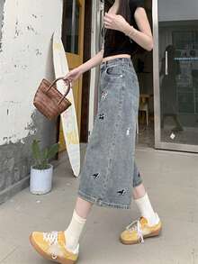 American Design Puppy Embroidery Loose Straight Wide Leg Capri Jeans - Blue - View 4