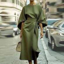Women Elegant Party Dress O Neck Solid Bat Sleeve A-Line Long Dress Women Spring Summer High Waist Lady Office Dress - 紫色 - 查看 7