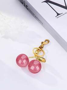 1 chiếc móc khóa hình quả anh đào - Phụ kiện trang trí xe hơi hình quả anh đào, Quà tặng Giáng sinh/Ngày lễ tình nhân cho nữ (Kích thước: 10,92cm x 6,6cm, Kích thước quả anh đào: 3cm) - Vàng + hồng hồng - Xem 5