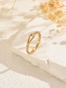 1 件不锈钢独特几何方晶锆石镶嵌戒指，空心水滴百搭爪镶时尚指节戒指，适合女士 - 金黃色 - 查看 15