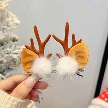 2pcs Reindeer Antler Hair Clips With Pom-Pons And Ears, Christmas Women's Hair Accessories For The Festival, Santa Claus, Bells, Pom-Pons Decorated Hair Clips, Very Suitable For Seasonal Celebrations And Decorations, Festival Party Prop Accessories, Hair Clips, Plastic Material, Christmas Small Gifts