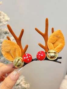 2pcs Reindeer Antler Hair Clips With Pom-Pons And Ears, Christmas Women's Hair Accessories For The Festival, Santa Claus, Bells, Pom-Pons Decorated Hair Clips, Very Suitable For Seasonal Celebrations And Decorations, Festival Party Prop Accessories, Hair Clips, Plastic Material, Christmas Small Gifts