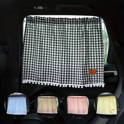 1 格子可爱熊设计汽车遮阳板 - 弹性吸盘车窗罩，防紫外线，耐用提花面料内饰配件，有趣的设计。