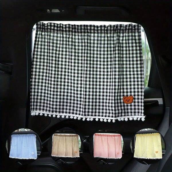 1 Plaid Cute Bear Design Car Sunshade-Elastic Sucker Window Hood, UV Protection, Durable Jacquard Fabric Interior Accessories, Interesting Design.