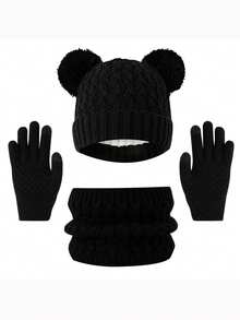 Bộ 3 món mũ ấm áp mùa thu/đông cho trẻ em, khăn quàng cổ và găng tay, mũ len thun hai tua rua dễ thương, bộ 3 món chống lạnh, màu cầu vồng - Nhiều màu - Xem 9