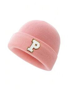 1 件儿童针织帽，带 26 个字母图案，保暖无檐小帽，适合女婴日常穿着 - 粉色 - 查看 77