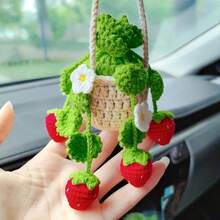 Car Interior Rear View Mirror Ornament Crochet Hanging Strawberry Plant Car Decorations Interior Aesthetic Car Accessories Cute Car Charms For Rear View Mirror, Boho Car Decoration - Hoa trắng - Xem 3