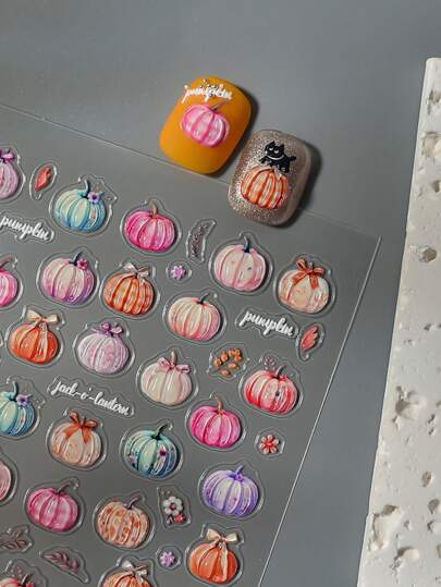 CoCo Notes 1 قطعة ملصق فن أظافر جل 5D لليقطين الملون في عيد الهالوين، ملصقات أظافر اليقطين المقاومة للماء، ملصقات اليقطين والزهور ل- DIY في عيد الهالوين