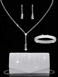女士钻石首饰 闪耀奢华水钻首饰套装 闪耀项链 耳环 手链套装 闪粉皱纹手提宴会包 V型翻盖信封包 手提包 宴会包 钱包手提包 优雅手提宴会包 手提包 女士舞会手提包 女士新娘宴会包 舞会手提包 金属链条手提包 婚礼派对手提包 酒会婚礼 新款钱包宴会包