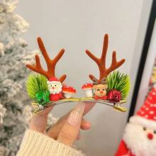 2pcs Reindeer Antler Hair Clips With Pom-Pons And Ears, Christmas Women's Hair Accessories For The Festival, Santa Claus, Bells, Pom-Pons Decorated Hair Clips, Very Suitable For Seasonal Celebrations And Decorations, Festival Party Prop Accessories, Hair Clips, Plastic Material, Christmas Small Gifts