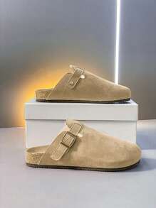 2025夏季男女通用博肯一脚蹬拖鞋，皮革鞋面搭配搭扣设计，软木厚底，耐磨，简约纯色，适合户外、旅行、休闲街头风格、情侣装，轻便露背穆勒拖鞋，时尚舒适，建议订购大一码