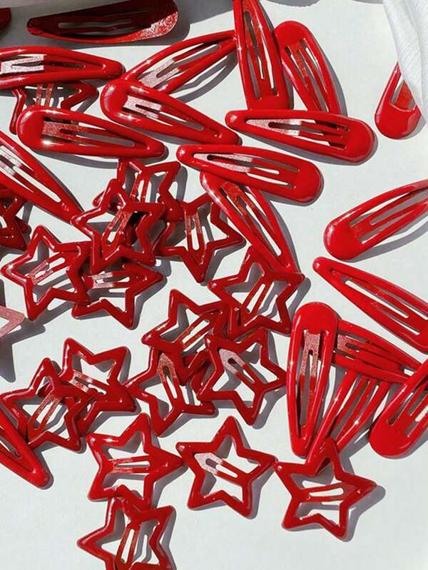 100pcs/Set Women's Red Oil Drip, Star, Water Drop Pattern Hair Clips, Suitable For Daily, Home, Commuting, College Style Decoration, Minimalist & Cute Design
