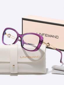 LINFEMAND LNFEMAND Fashion Oval Cat Eye Frame Contrast Color Glasses Design Metal Flower Arm Everyday Commute Elegant Date Office Non-Prescription Holiday Gift - Clear - View 7