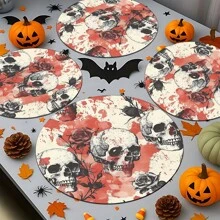 2pcs/4pcs/6pcs Halloween Skull Pattern Printed Silicone Placemats, Halloween Decor, Suitable For Dining Table, Coffee Bar, All Season Decoration, Washable Placemats, Room Decor, Coasters, Draining Mats, Kitchen Dining Table Mats, Indoor Outdoor Party Decor, Home Decor, Ideal Gift