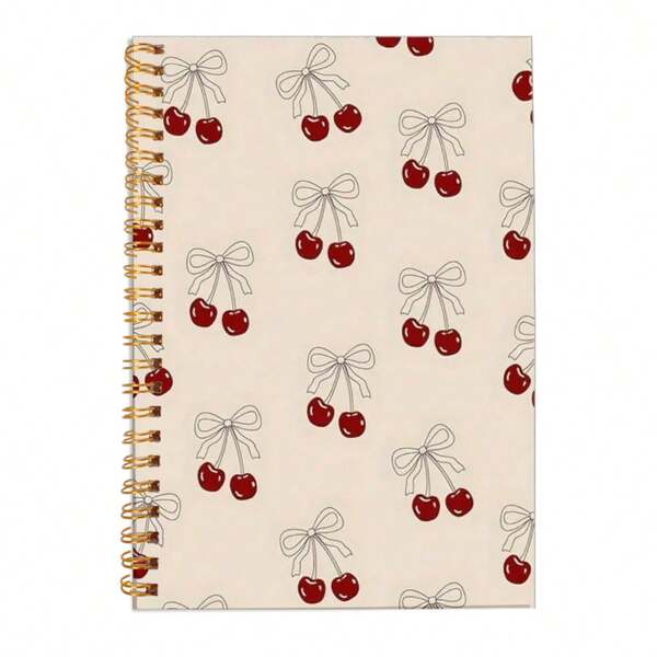 1pc 5.5*8.3inch Cherry & Ribbon Design Hardcover Spiral Notebook - College Ruled Journal, Cover For School, Office, Journaling - Perfect Gift For Women, Teachers, Students, Notebooks For School, Stu
