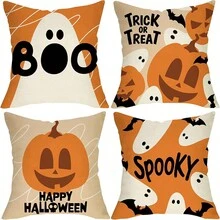 4pcs, Happy Halloween Spooky Ghost Boo Decorative Throw Pillow Covers, Trick Or Treat Lantern Pumpkin Porch Outdoor Home Decor, Funny Bats Skull Couch Cushion Case Halloween Decor Room Decor Pillow Case Pillow Cases Cushion Cover Cushion Covers
