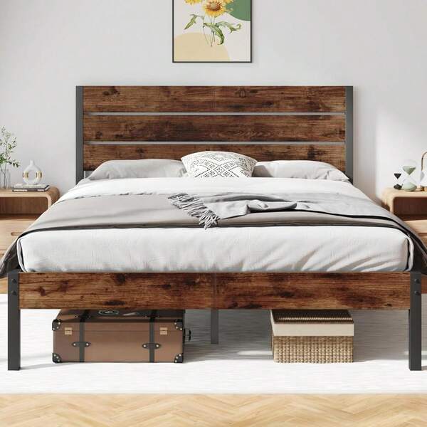 Bed Frame With Headboard And Footboard, With Under Bed Storage, All-Metal Support System, No Box Spring Needed, Easy Assembly,Rustic Brown
