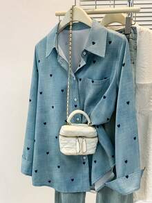 Plus Size Women's Casual Basic Solid Color Heart Print Polo Collar Long Sleeve Shirt Top With Pocket, Spring Summer Fall Daily Wear