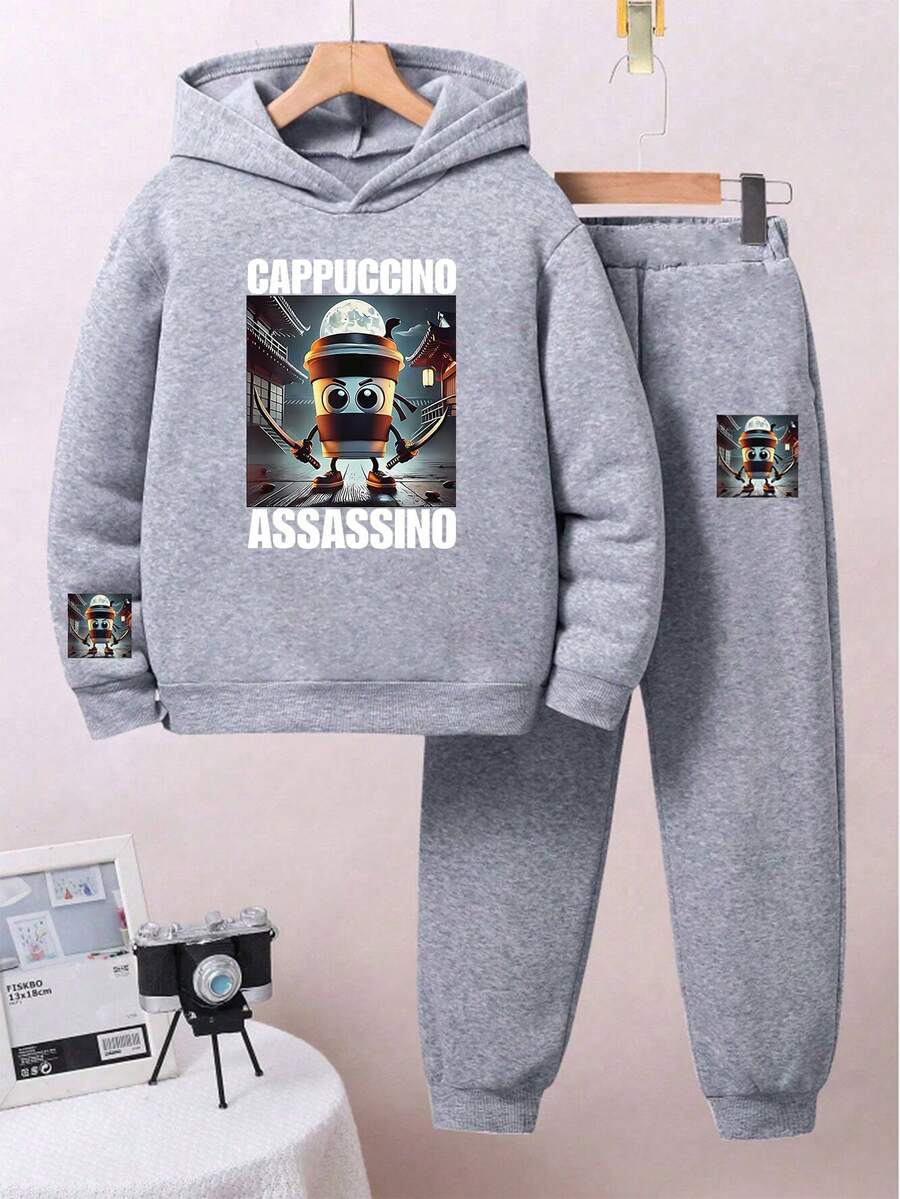 2pcs/Set Tween Boy Graphic Print Casual Fleece Hoodie And Fleece Pants Set, Autumn/Winter - Grey - View 1
