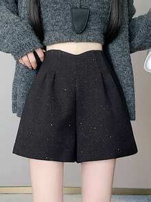 星空羊毛混纺高腰A字休闲短裤，闪光喇叭裤 - 黑色 - 查看 1